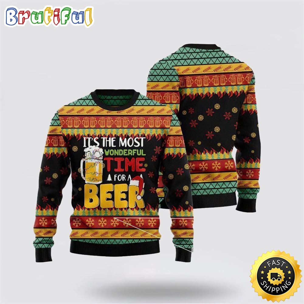 Beer Season Christmas Pattern Black And Orange 3D Sweater Christmas Gift For That Everyone Will Love