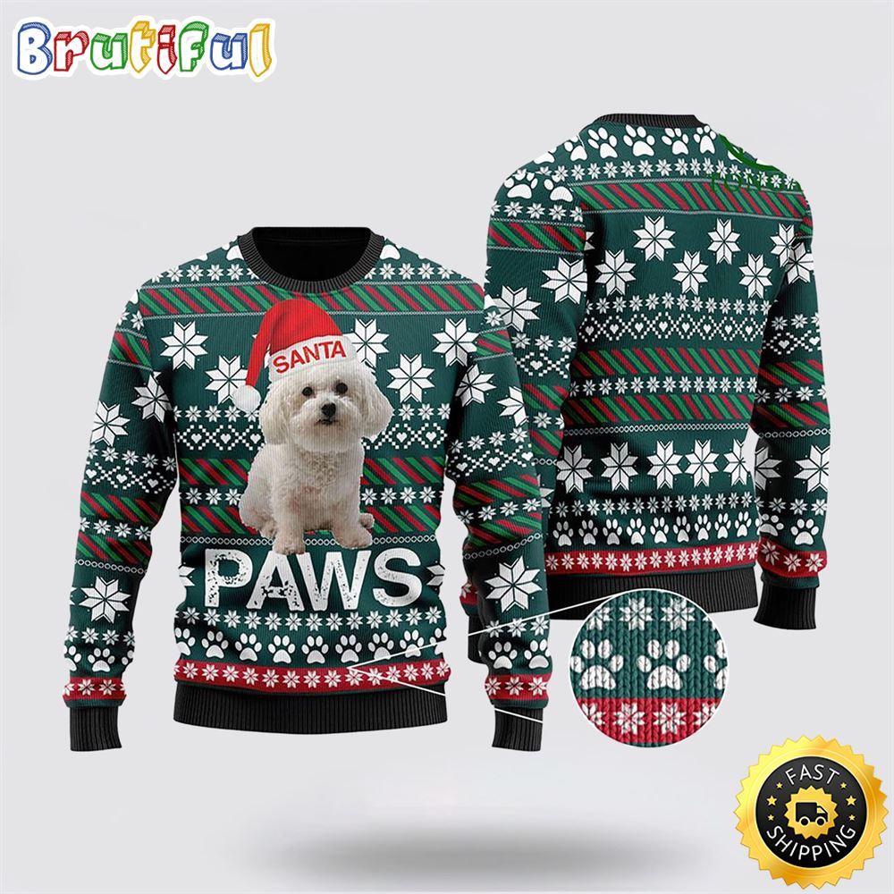 Bichon Frise Santa Printed Paws Ugly Christmas Sweater Show Your Love For Your Furry Friend