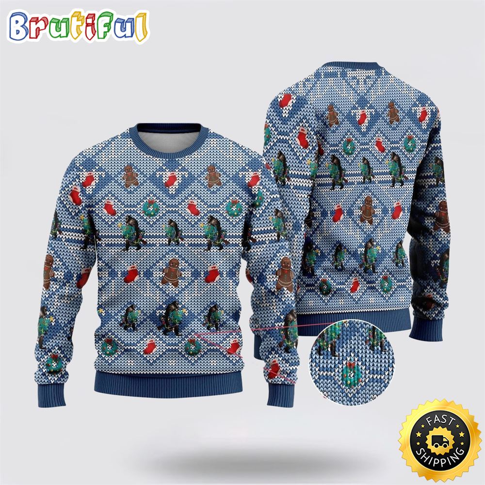 Bigfoot Christmas Blue Pattern Ugly Christmas Sweater