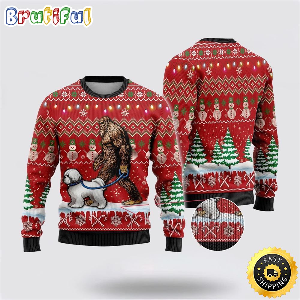 Bigfoot Goes To Spend Christmas With Bichon Frise Ugly Christmas Sweater