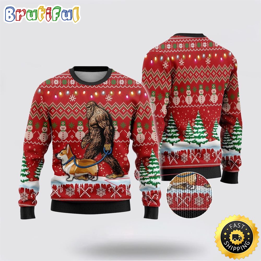 Bigfoot Goes To Spend Christmas With Corgi Ugly Christmas Sweater