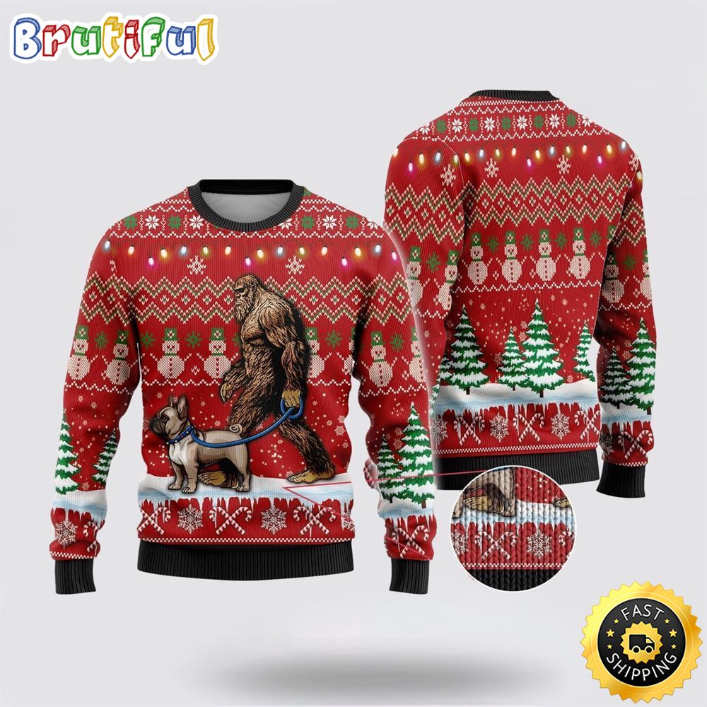 Bigfoot Goes To Spend Christmas With Golden Retriever Ugly Christmas Sweater
