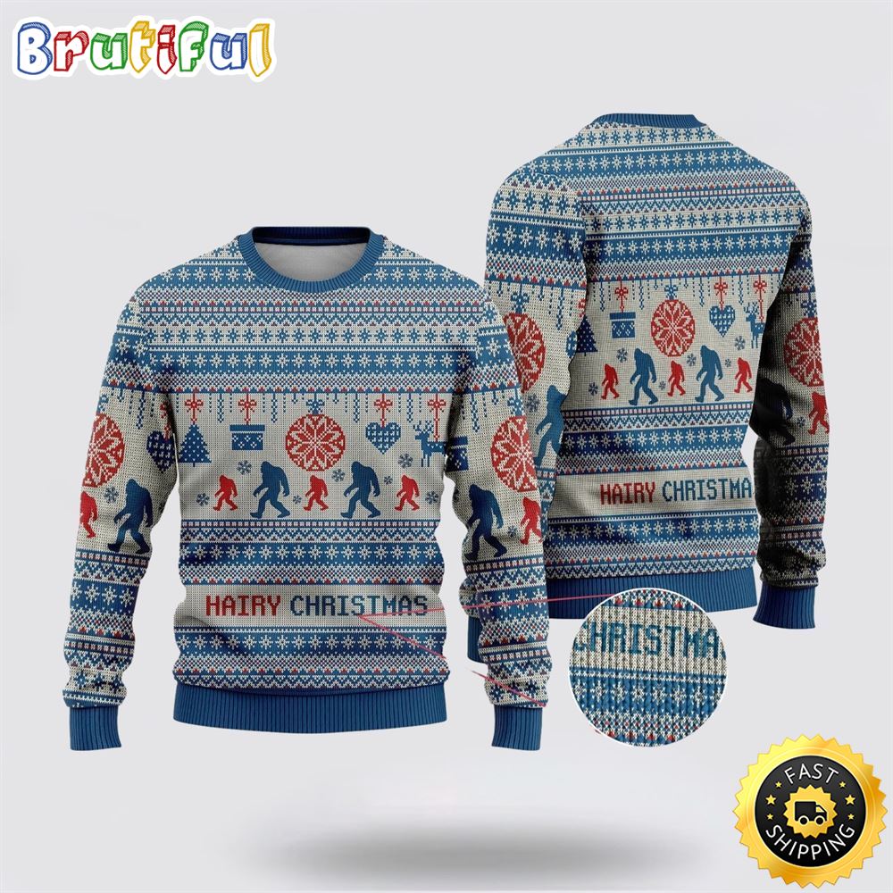 Bigfoot Hairy Christmas Blue Ugly Christmas Sweater