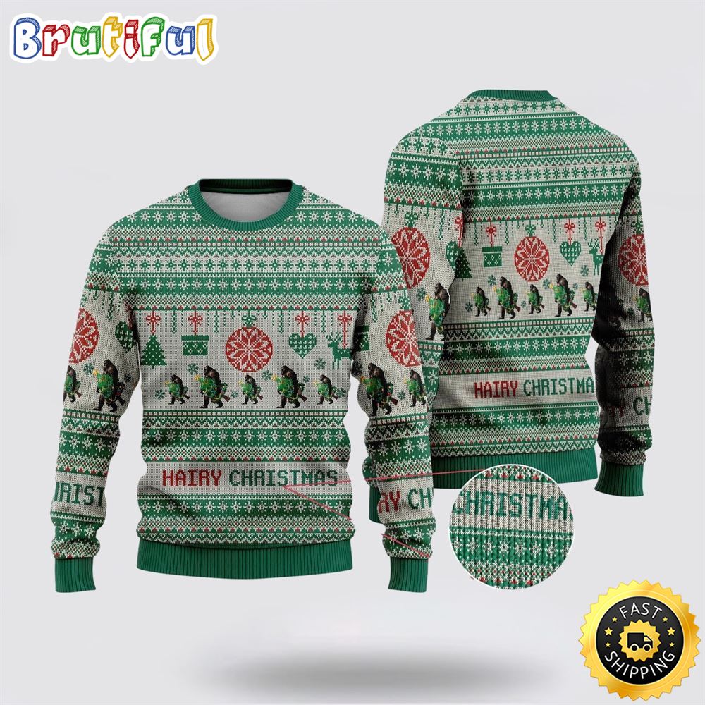Bigfoot Hairy Christmas Green Pattern Ugly Christmas Sweater