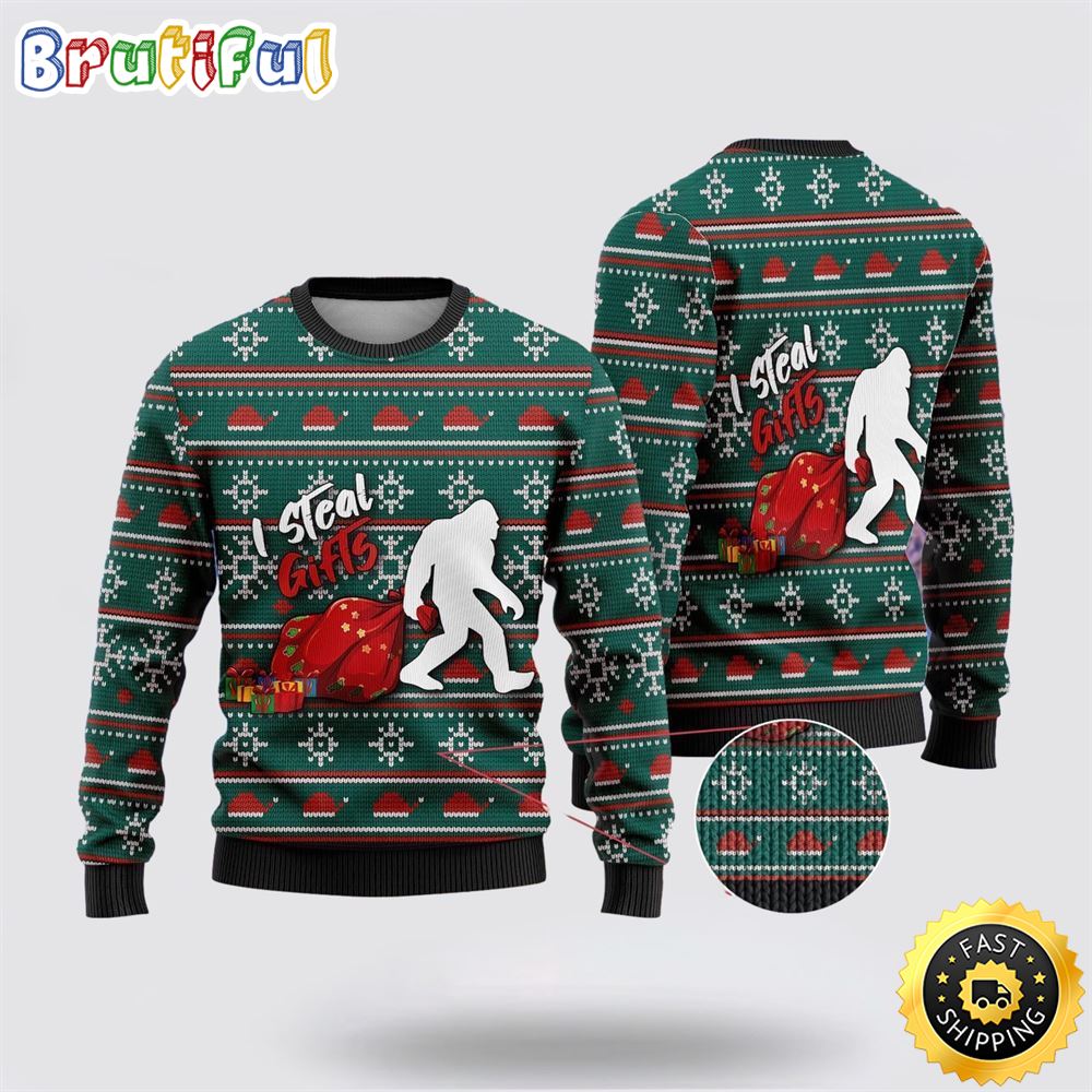 Bigfoot I Steal Gifls Ugly Christmas Sweater