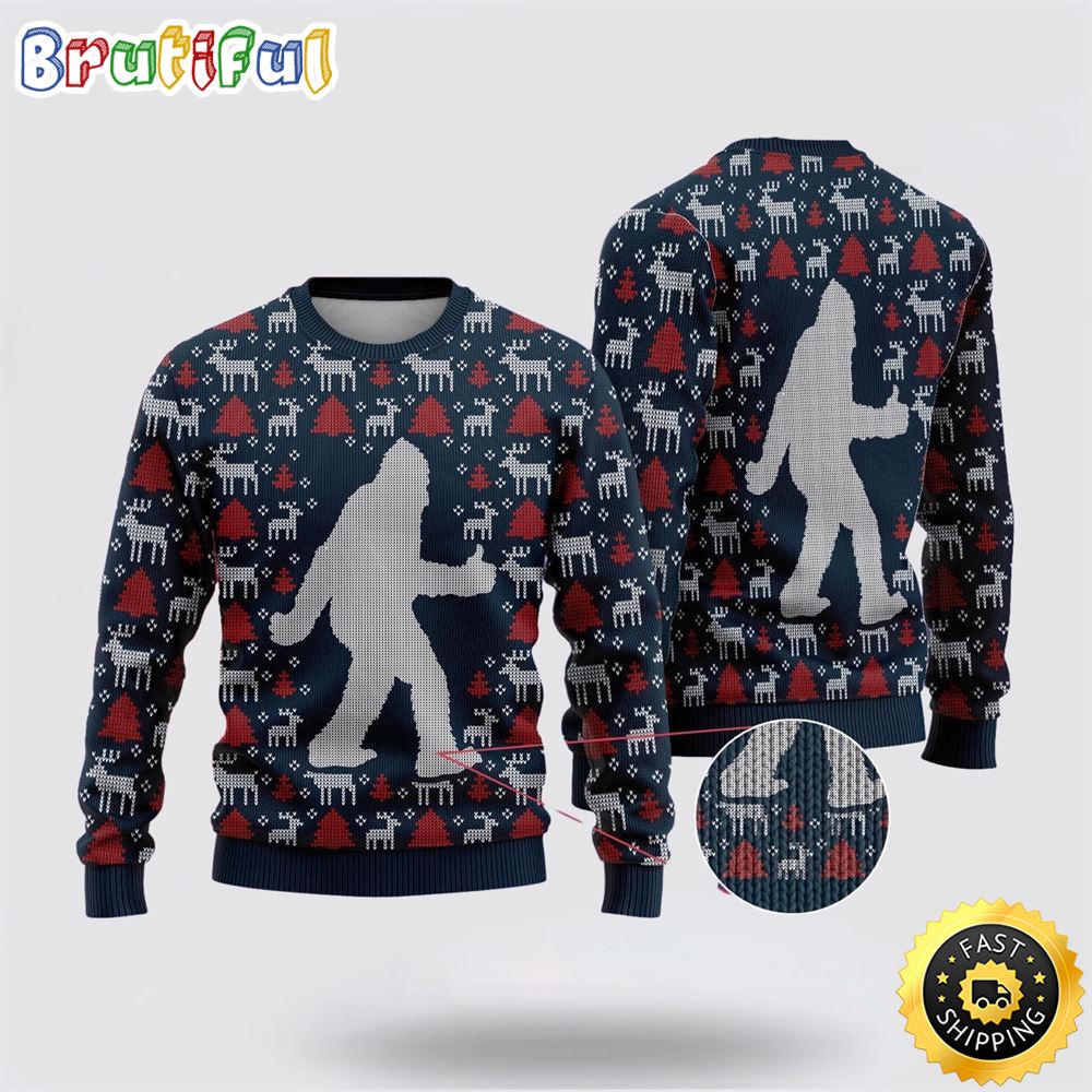 Bigfoot Reindeer And Pine Tree Motifs Blue Pattern Ugly Christmas Sweater