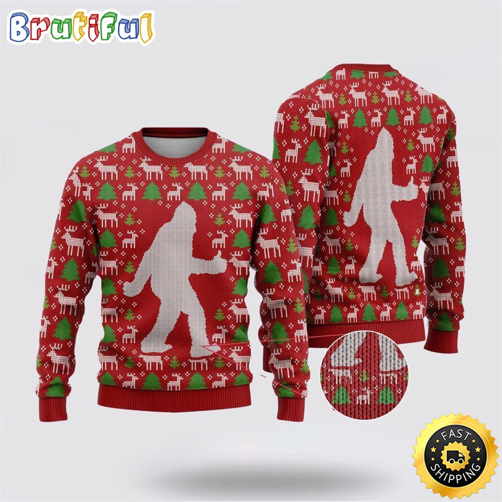 Bigfoot Reindeer And Pine Tree Motifs Ugly Christmas Sweater