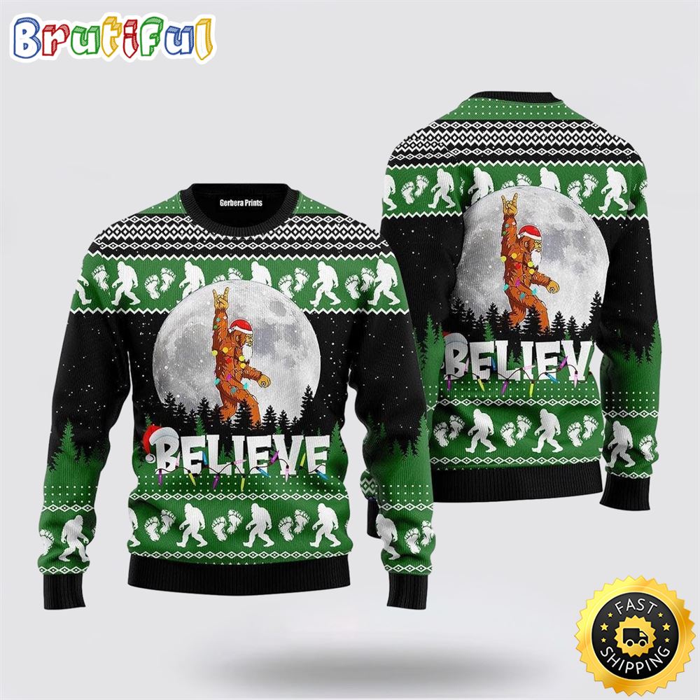Bigfoot Santa Claus Christmas Moon Night Ugly Christmas Sweater