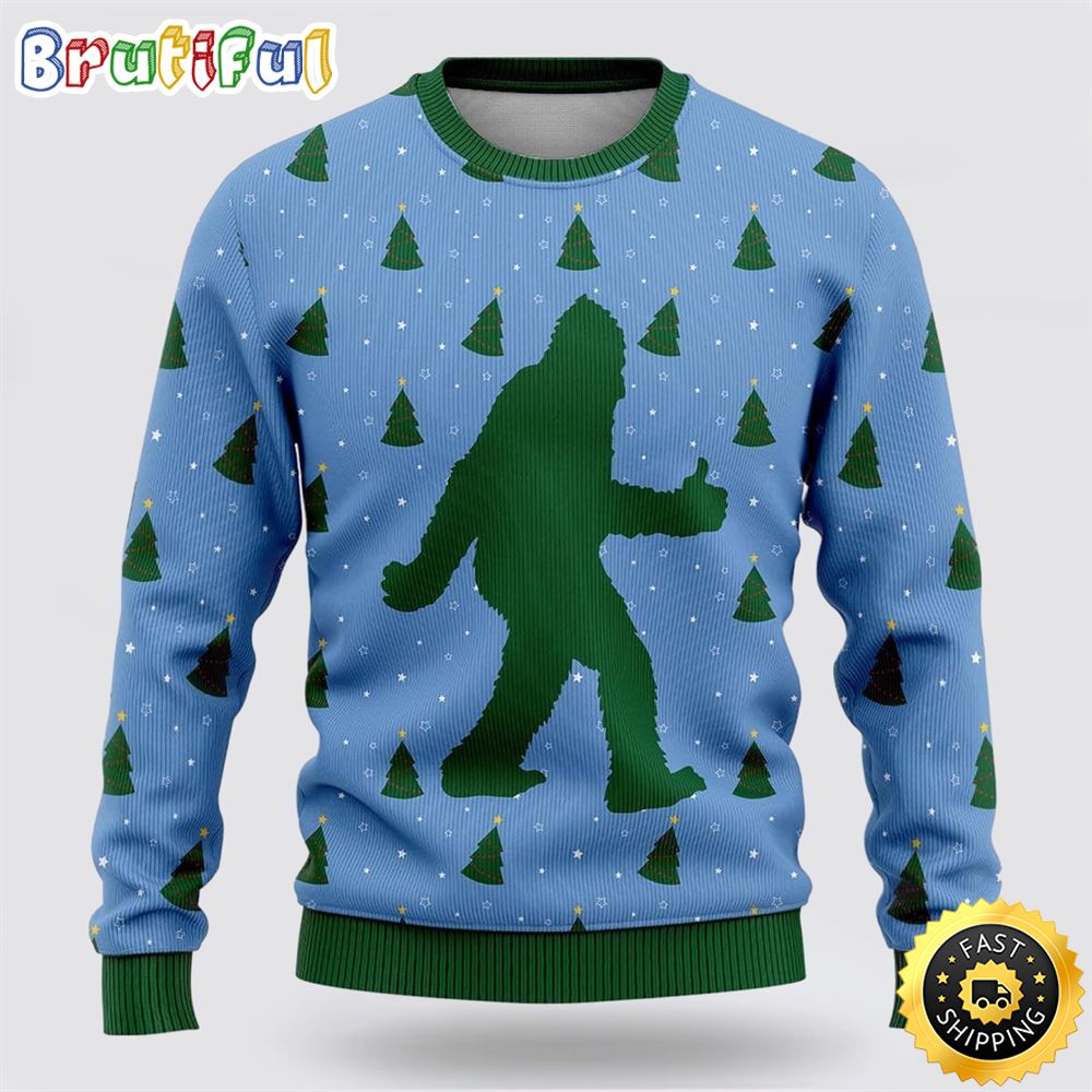 Bigfoot Sasquatch Funny Blue Pattern Ugly Christmas Sweater