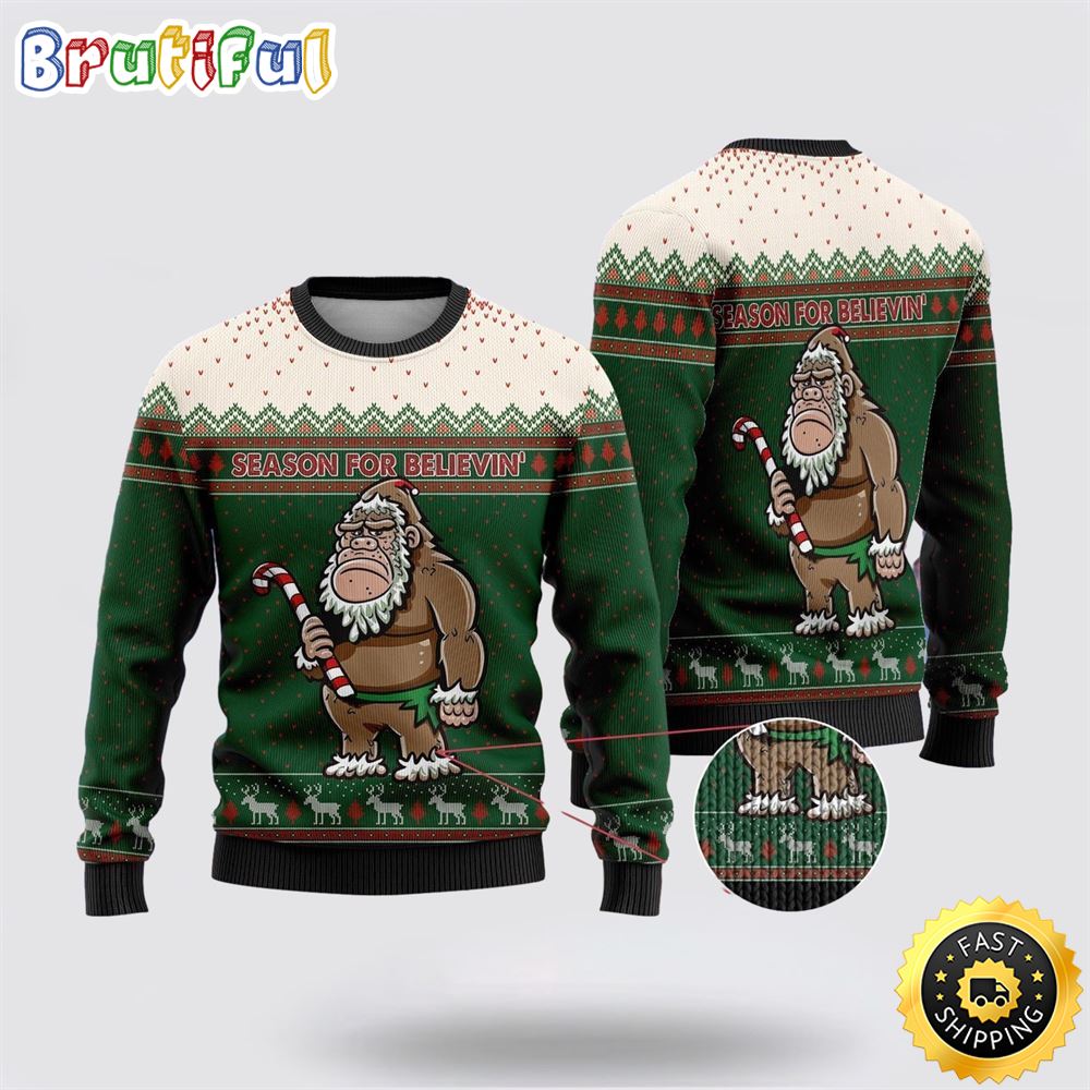 Bigfoot Season For Believin Green And White Pattern Ugly Christmas Sweater
