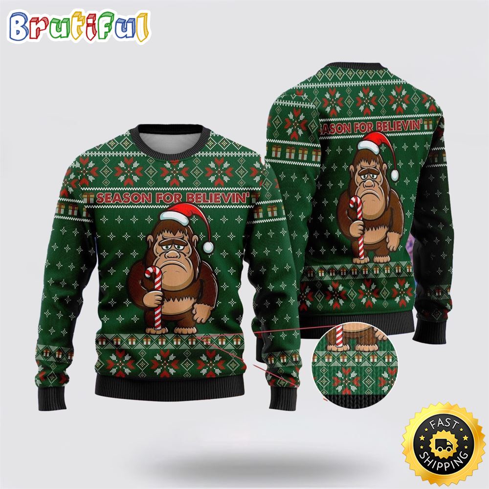 Bigfoot Season For Believin Green Pattern Ugly Christmas Sweater