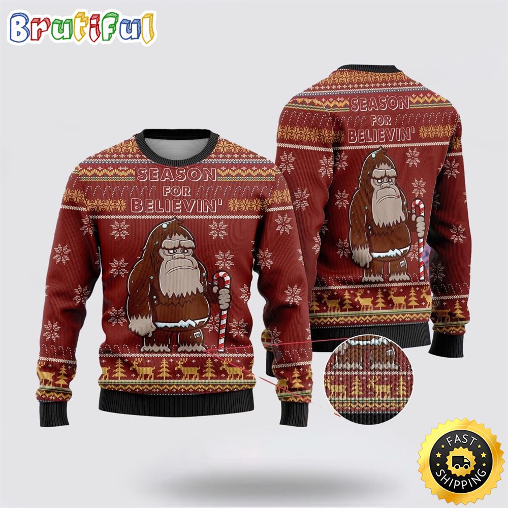 Bigfoot Season For Believin Red Pattern Ugly Christmas Sweater
