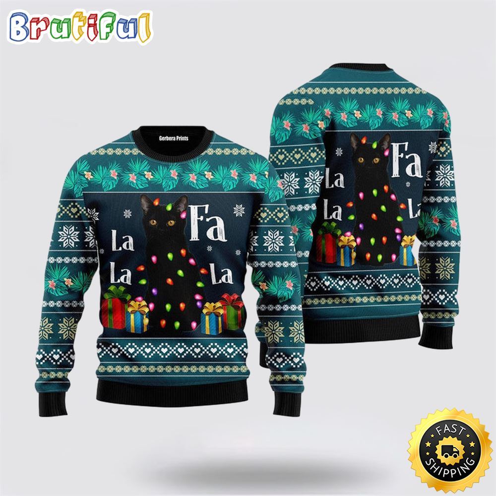 Black Cat Falalala Ugly Christmas Sweater Perfect Christmas Gift For Cat Lover