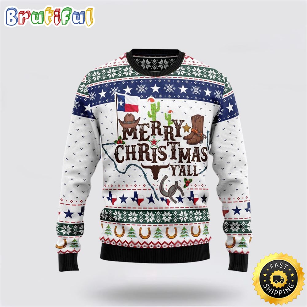 Cowboy Pattern Merry Xmas Y'all Funny Ugly Christmas Sweater Christmas Gift For That Everyone Will Love
