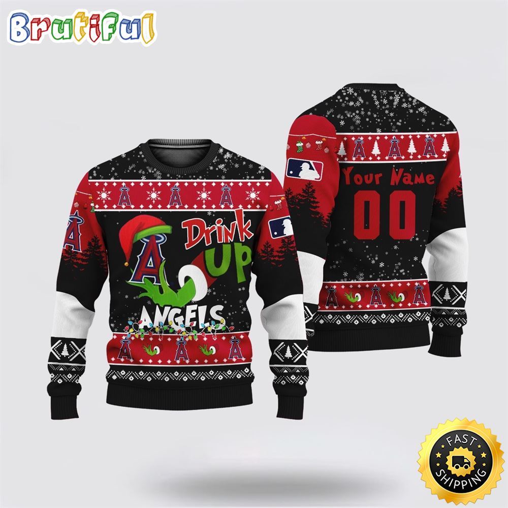 Custom MLB Los Angeles Angels Ugly Christmas Sweater Grinch Drink Up Christmas Gift For Football Fans