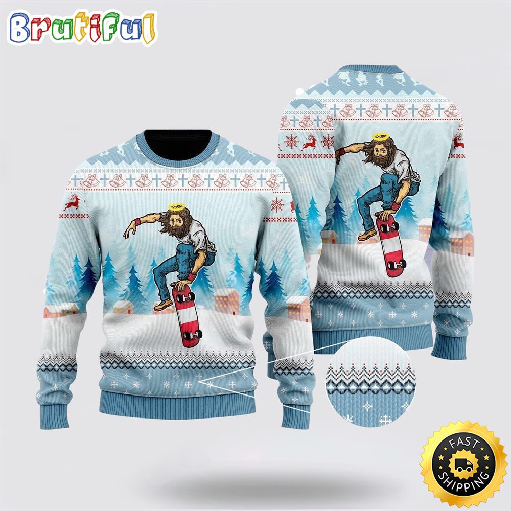 Funny Jesus Skateboarding Christmas Ugly Christmas Sweater Gifts For Christian Families