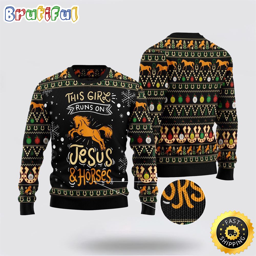 Girls Run On Jesus And Horses Ugly Christmas Sweater Gifts For Christian Families