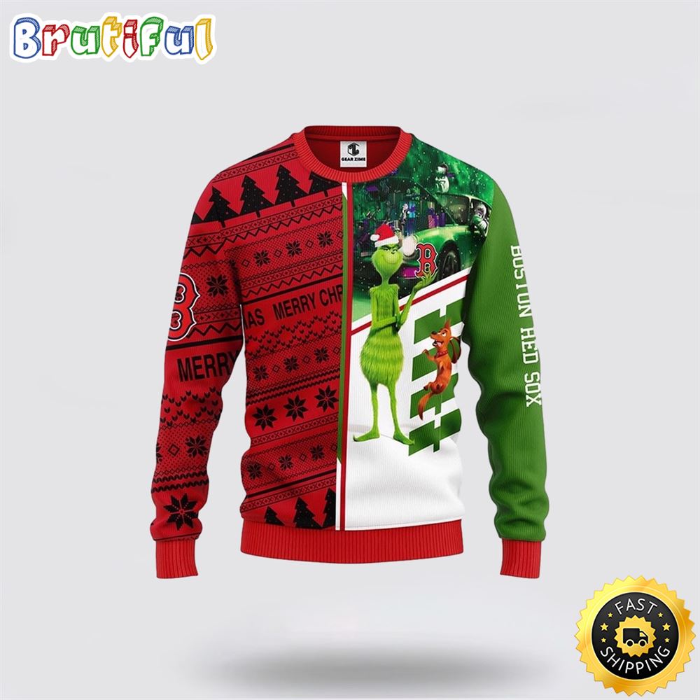 MLB Boston Red Sox Christmas Ugly Sweater Grinch And Scooby-Doo Gift For Baseball Fans