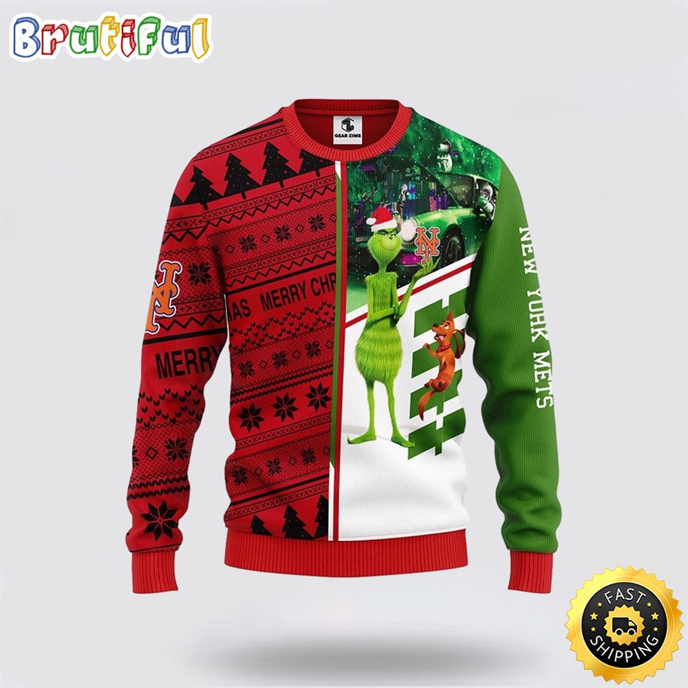 MLB New York Mets Christmas Ugly Sweater Grinch And Scooby-Doo Gift For Baseball Fans