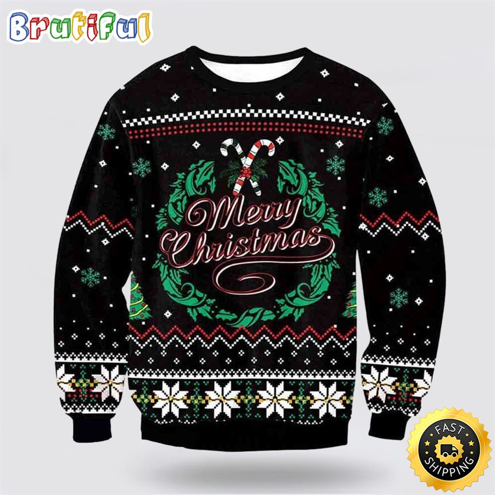Merry Xmas Wreath Print Awesome Christmas Ugly Christmas Sweater Christmas Gift For That Everyone Will Love