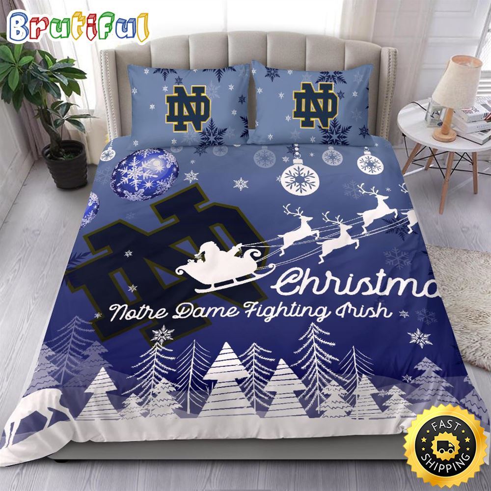NCAA Notre Dame Fighting Irish Bedding Sets Santa Claus Sleigh And Reindeer Christmas Bedding Sets Quilt Bedding Sets