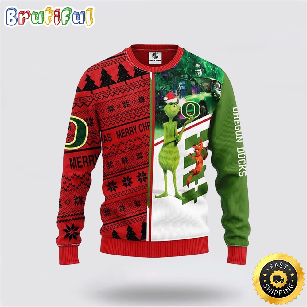 NCAA Oregon Ducks Christmas Ugly Sweater Grinch And Scooby-Doo Gift For Football Fans