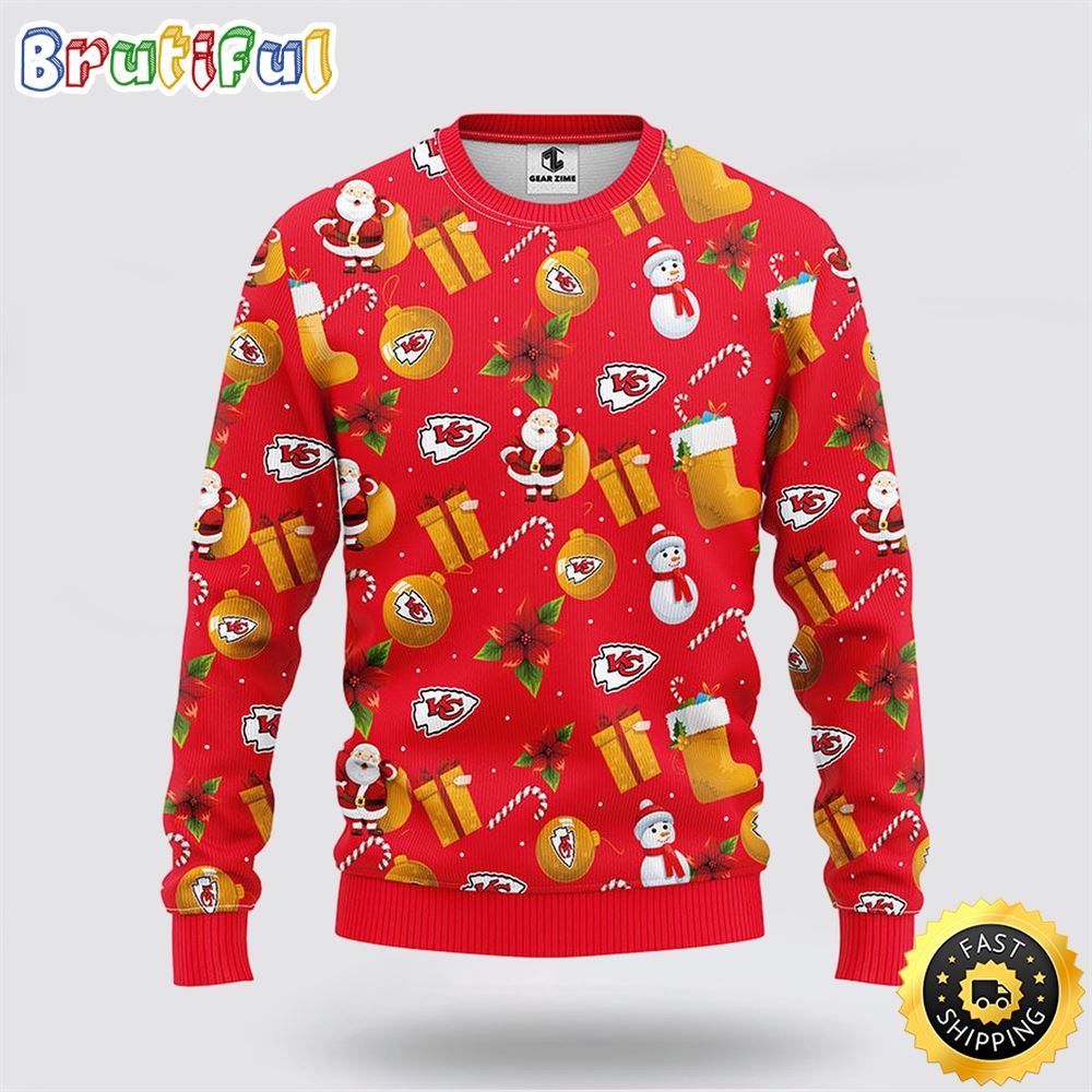 NFL Kansas City Chiefs Ugly Sweater Santa Claus Snowman Ugly Christmas Sweater