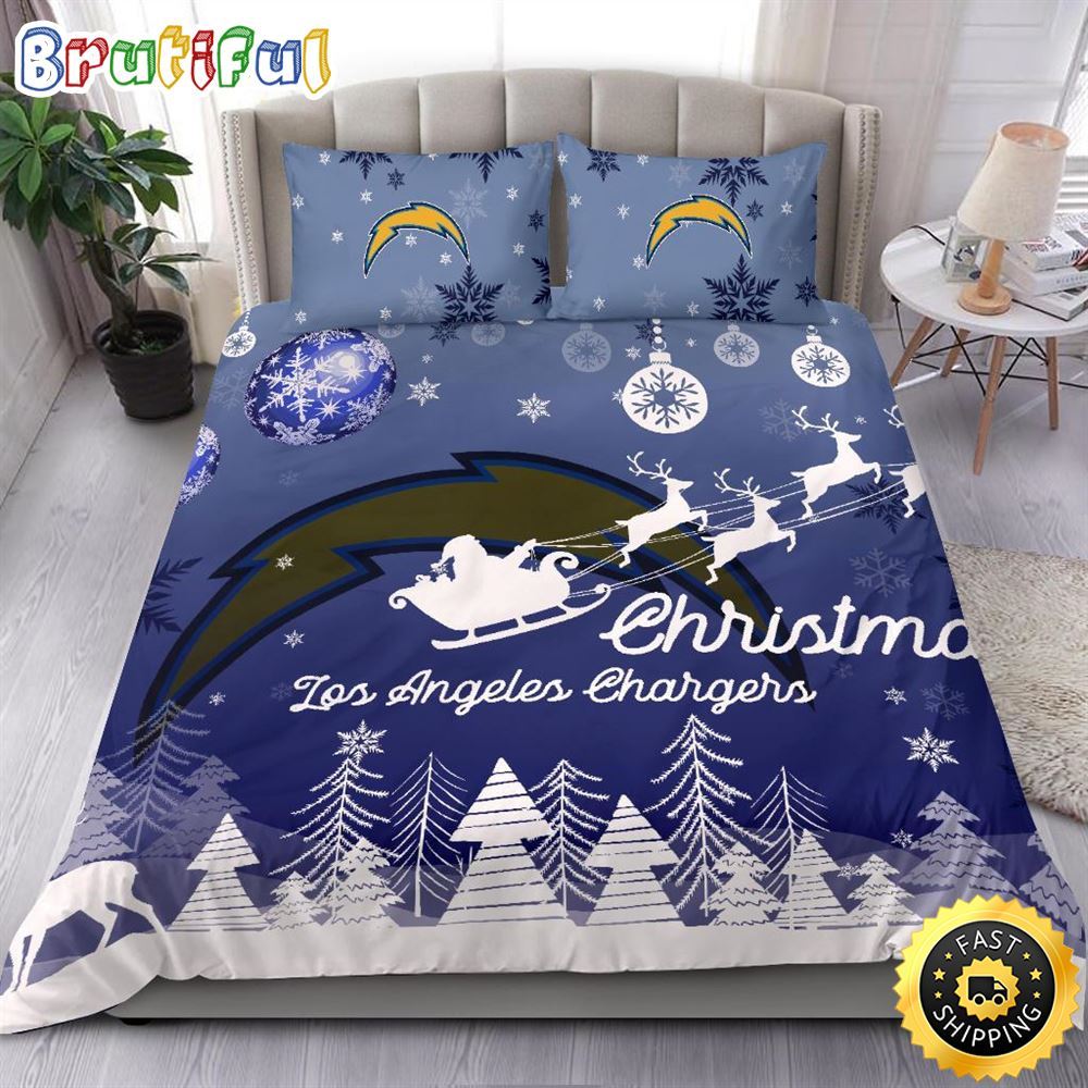 NFL Los Angeles Chargers Bedding Sets Santa Claus Sleigh And Reindeer Christmas Bedding Sets Quilt Bedding Sets