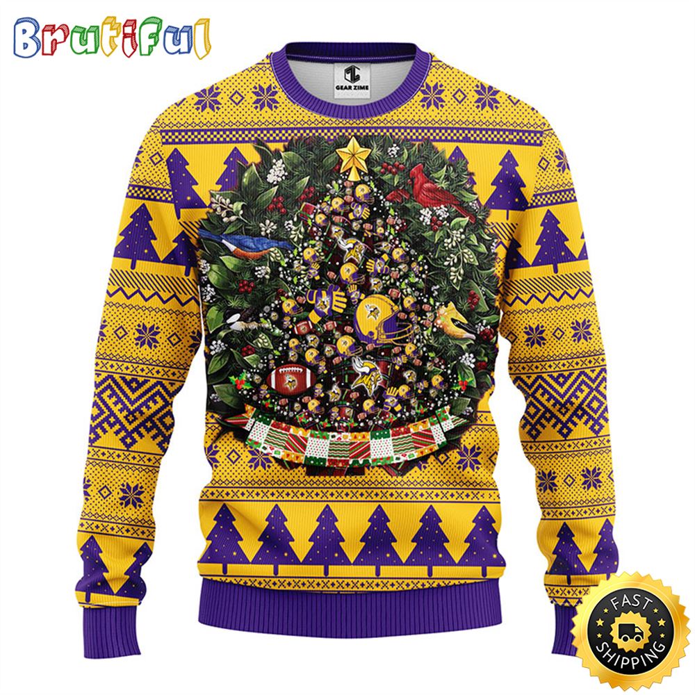 NFL Minnesota Vikings Ugly Christmas Sweater Ball Pine Tree Christmas Unisex Sweater