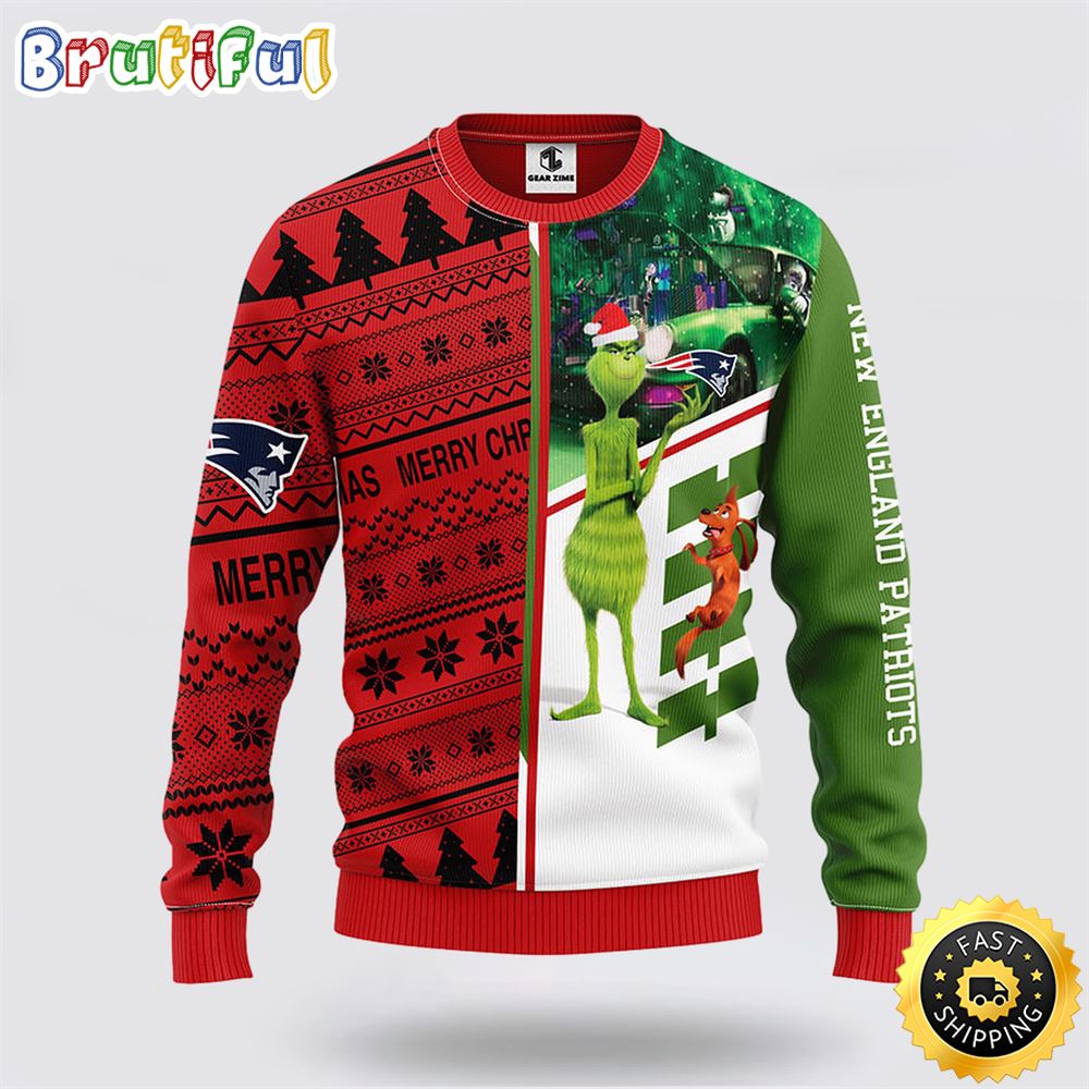 NFL New England Patriots Ugly Sweater Grinch & Scooby-Doo Ugly Christmas Sweater