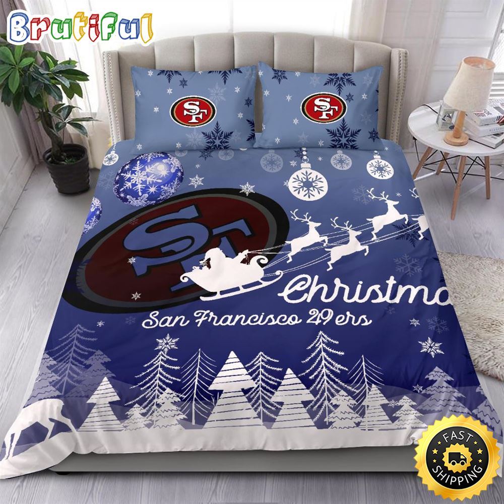 NFL San Francisco 49ers Bedding Sets Santa Claus Sleigh And Reindeer Christmas Bedding Sets Quilt Bedding Sets