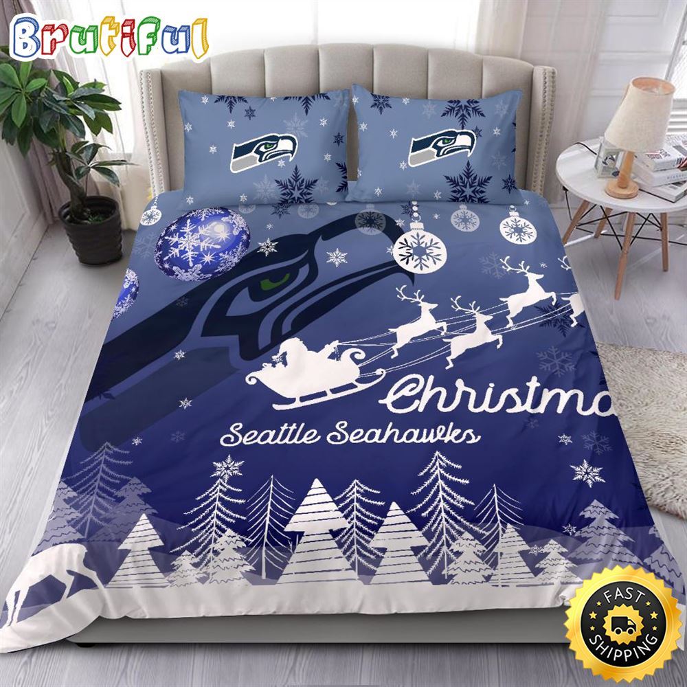 NFL Seattle Seahawks Bedding Sets Santa Claus Sleigh And Reindeer Christmas Bedding Sets Quilt Bedding Sets