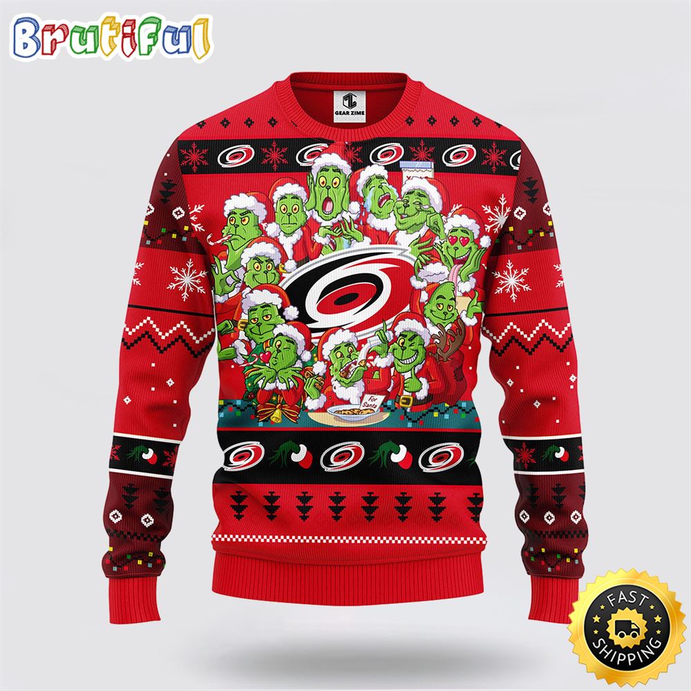 NHL Carolina Hurricanes Ugly Sweater 12 Expressions Of Grinch During The Christmas Season Sweater