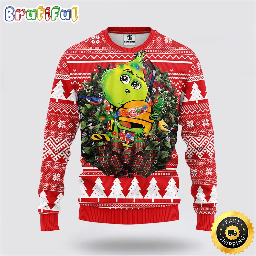 NHL Detroit Red Wings Ugly Sweater Grinch Hug Ugly Christmas Sweater