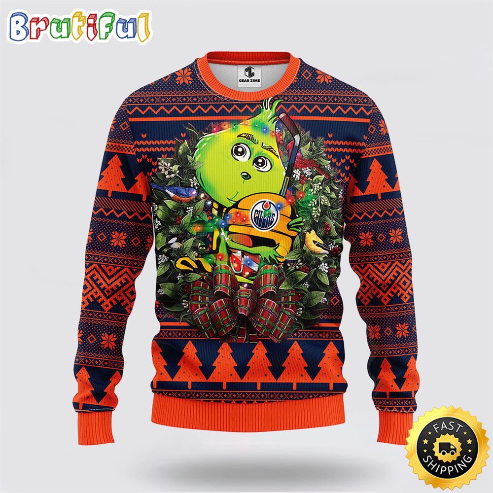 NHL Edmonton Oilers Ugly Sweater Grinch Hug Ugly Christmas Sweater
