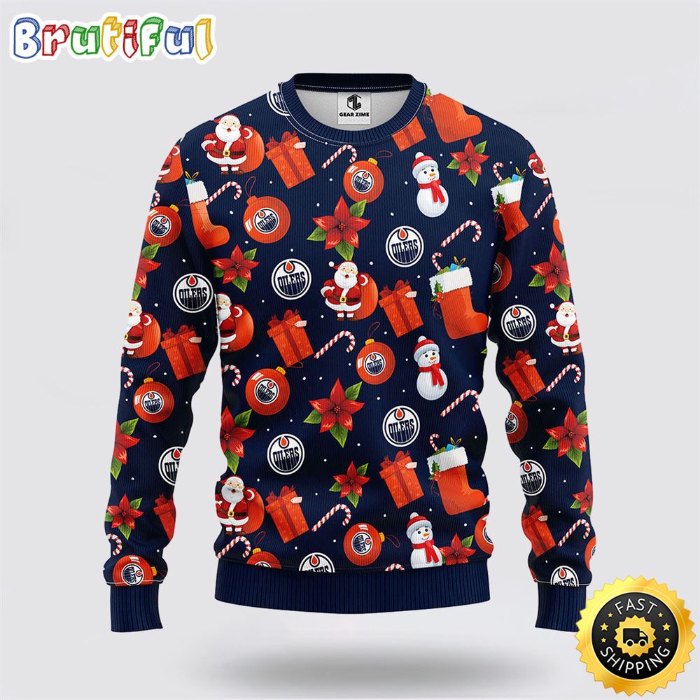 NHL Edmonton Oilers Ugly Sweater Santa Claus Snowman Ugly Christmas Sweater