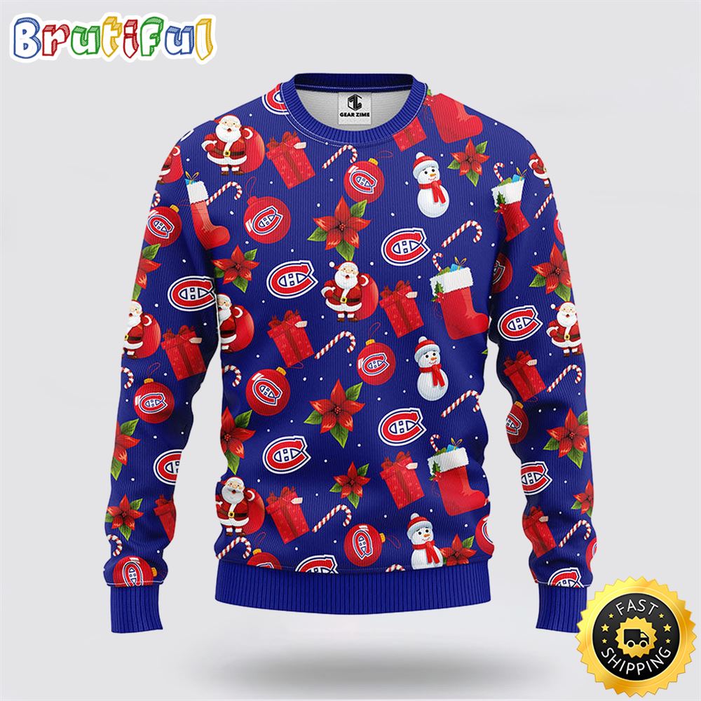 NHL Montreal Canadians Ugly Sweater Santa Claus Snowman Ugly Christmas Sweater