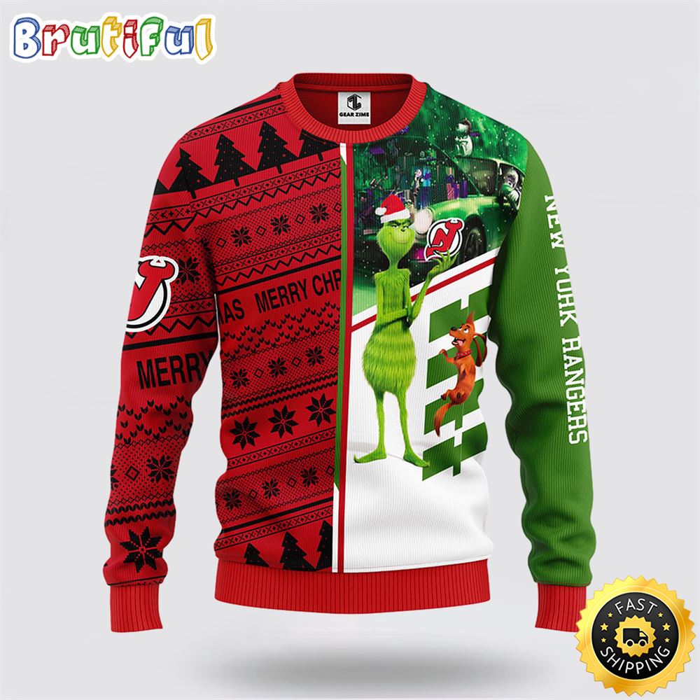 NHL New Jersey Devils Ugly Sweater Grinch And Scooby-doo Ugly Christmas Sweater