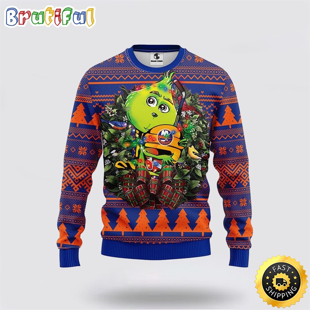 NHL New York Islanders Christmas Ugly Sweater Grinch Hug Xmas Gift For Hockey Fans