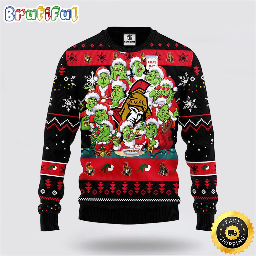 NHL Ottawa Senators Ugly Sweater 12 Expressions Of Grinch During The Christmas Season Sweater