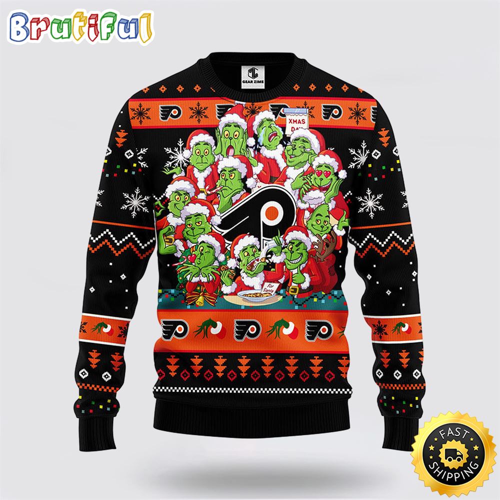 NHL Philadelphia Flyers Ugly Sweater 12 Expressions Of Grinch During The Christmas Season Sweater