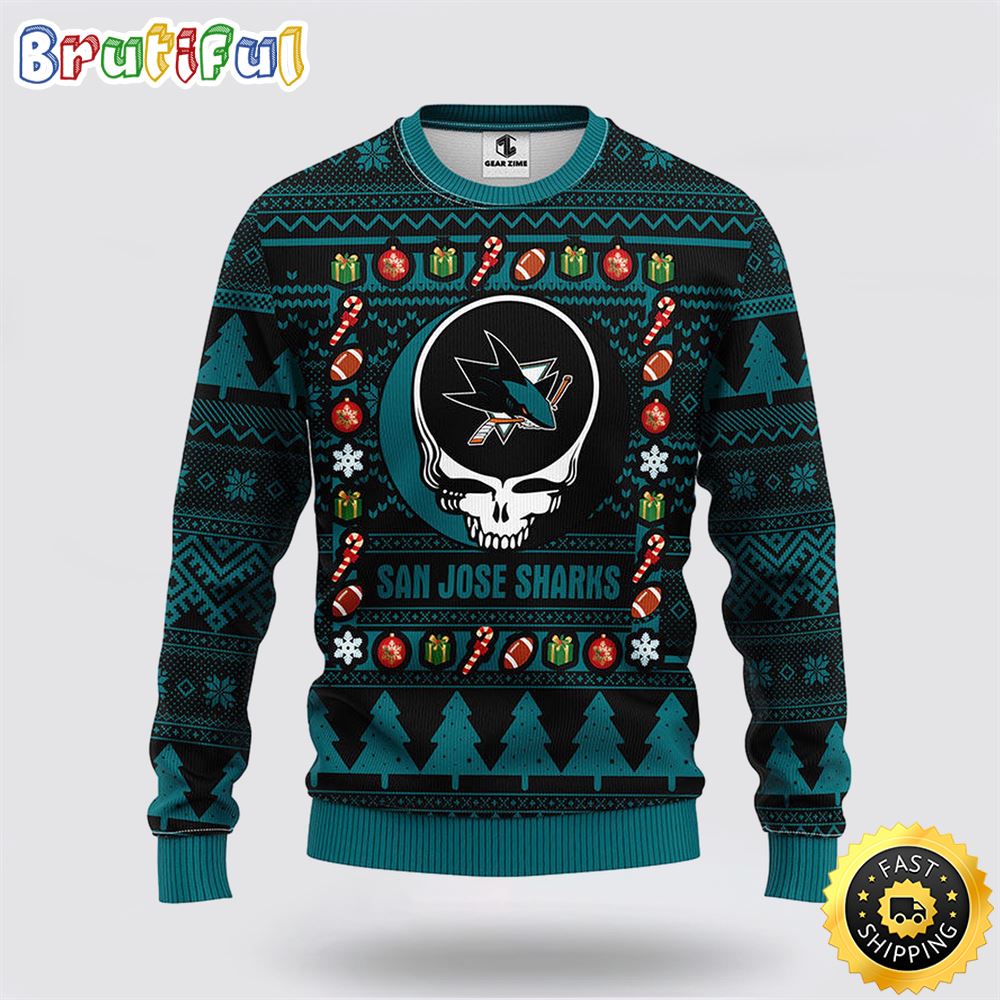 NHL San Jose Sharks Ugly Sweater Grateful Dead Ugly Christmas Fleece Sweater