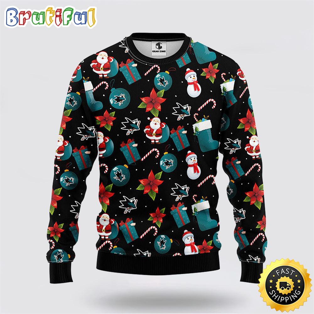 NHL San Jose Sharks Ugly Sweater Santa Claus Snowman Ugly Christmas Sweater