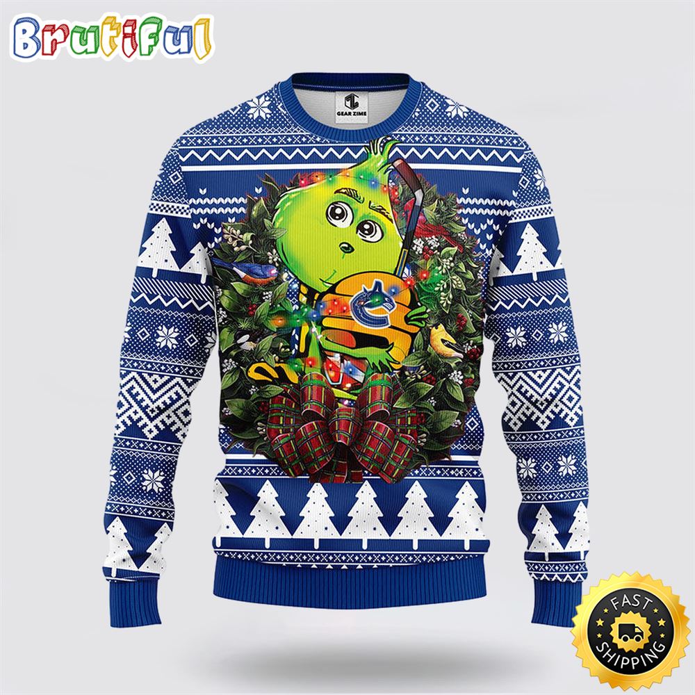 NHL Vancouver Canucks Ugly Sweater Grinch Hug Ugly Christmas Sweater