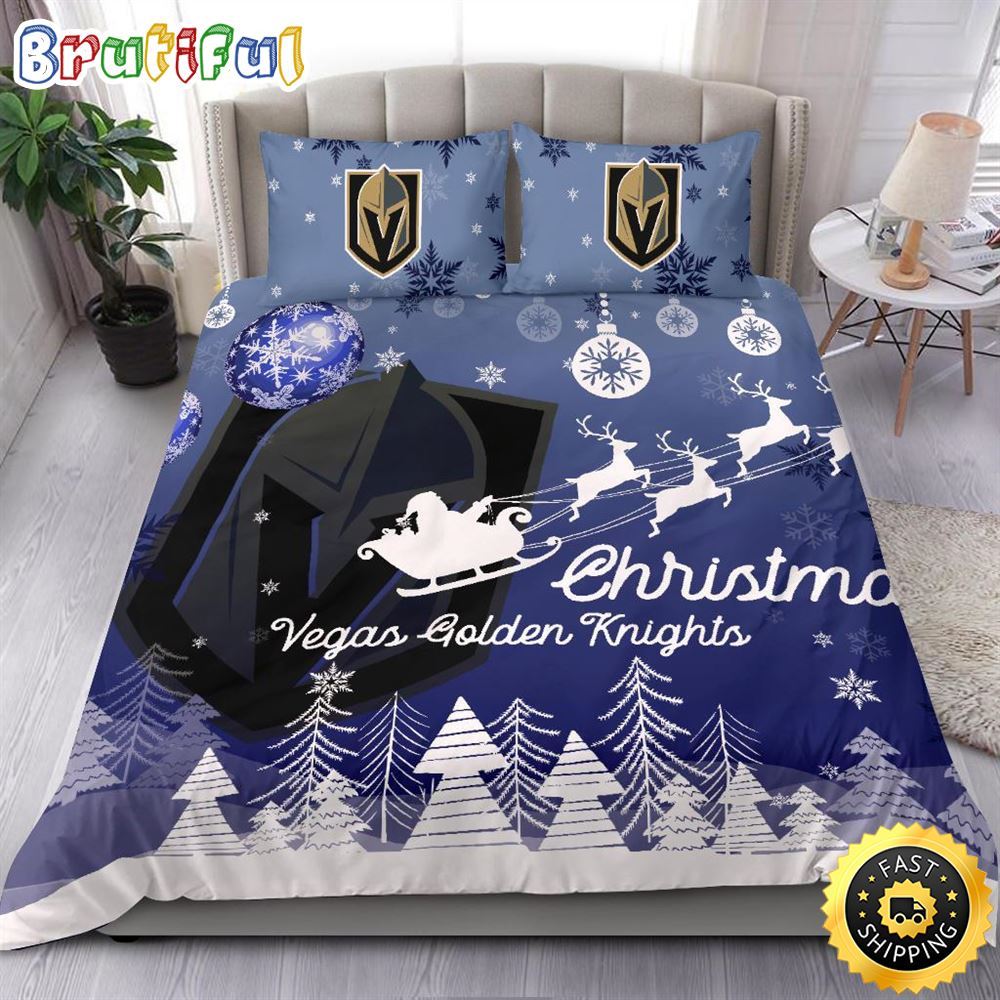NHL Vegas Golden Knights Bedding Sets Santa Claus Sleigh And Reindeer Christmas Bedding Sets Quilt Bedding Sets
