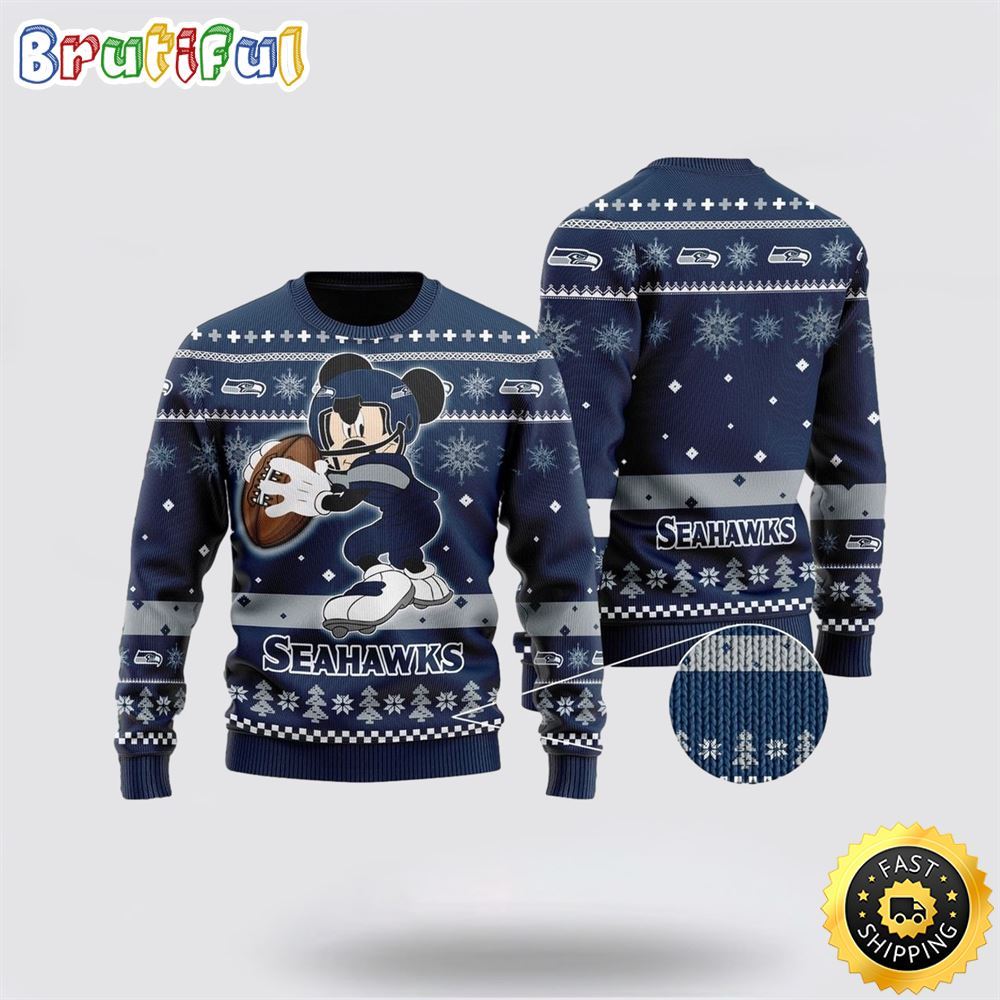 Seattle Seahawks Ugly Christmas Sweater Mickey Mouse The Decisive Throw Unisex Sweater