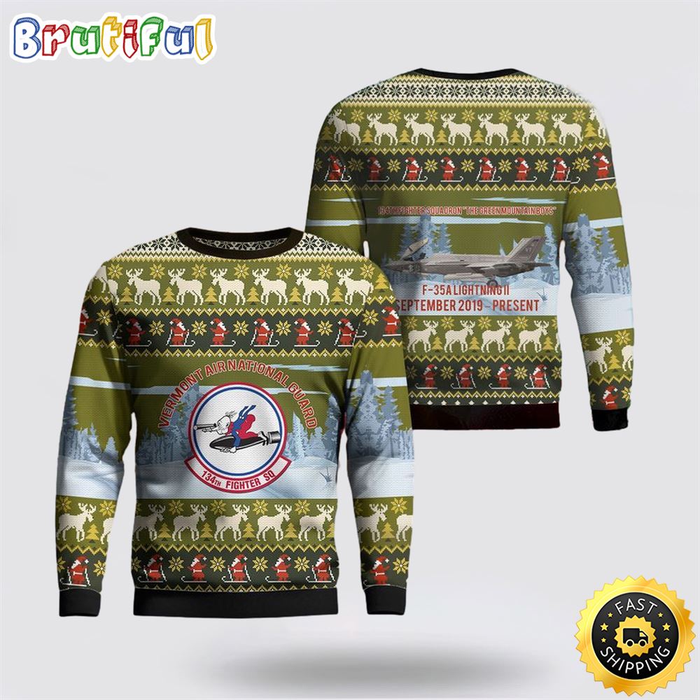 US Air Force Vermont Air National Guard 134th Fighter Squadron F-35A Lightning II AOP Ugly Sweater 3D